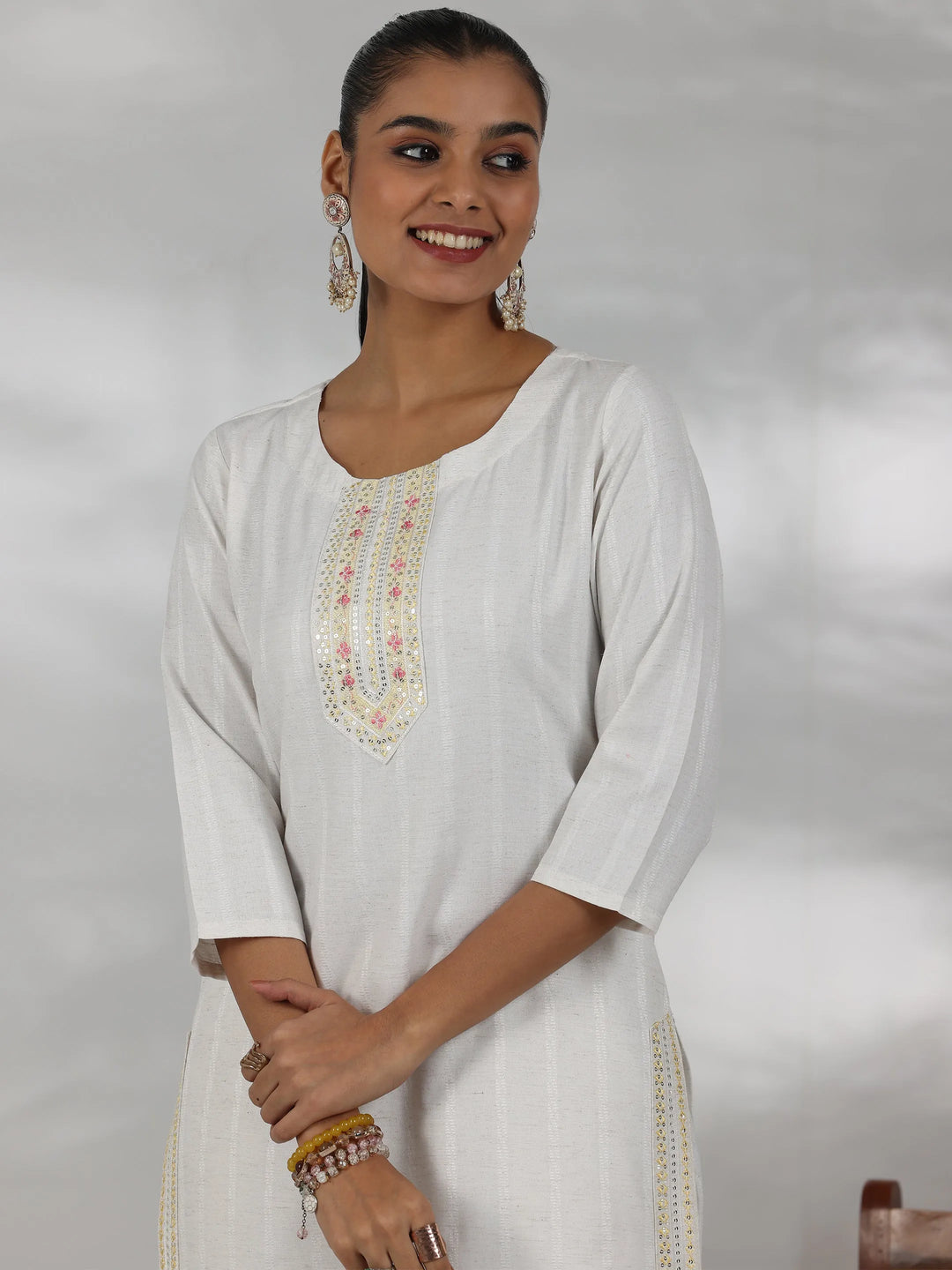  Off White Woven Design Cotton Blend Straight Suit With Dupatta 