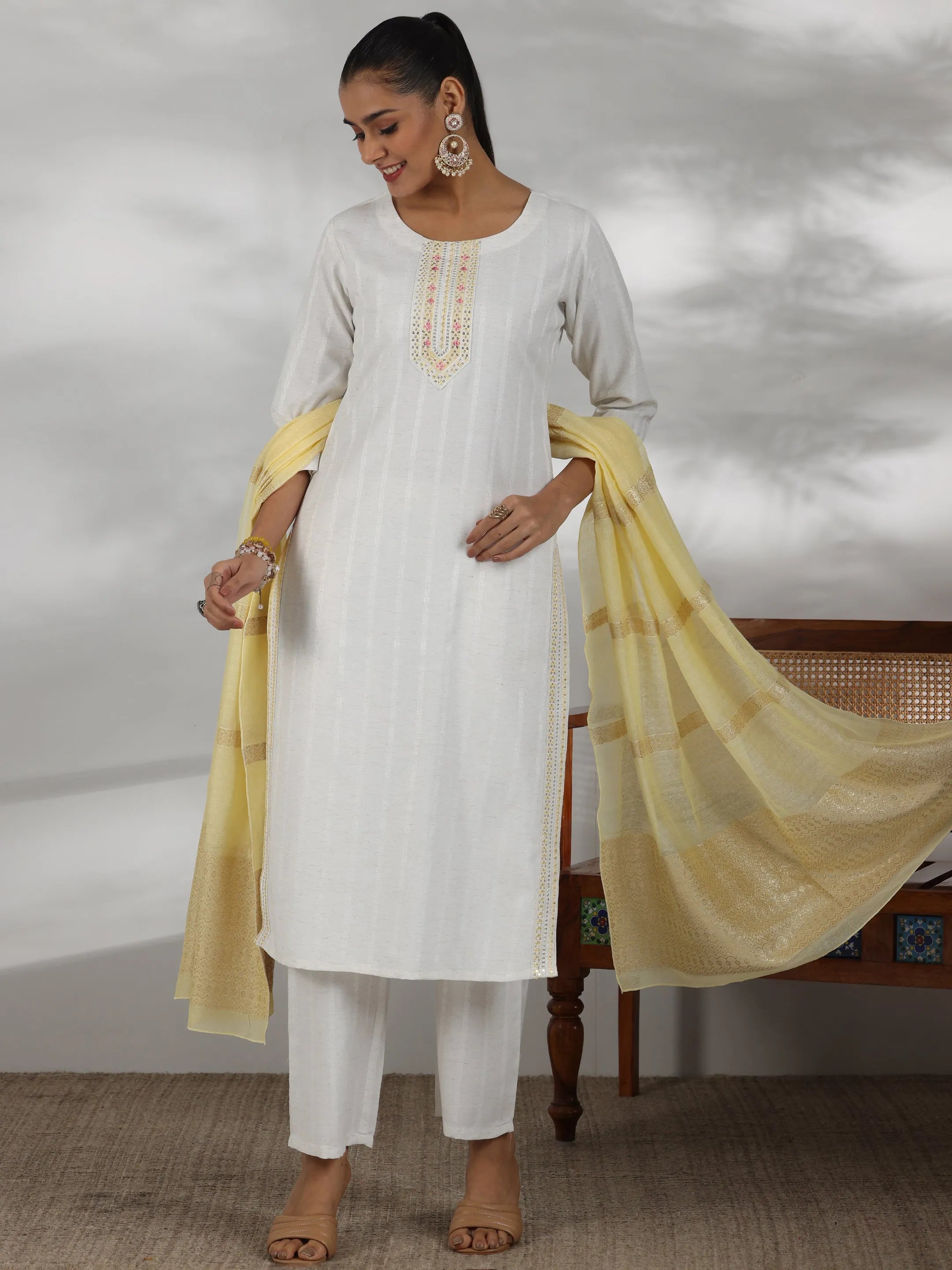 Off White Woven Design Cotton Blend Straight Suit With Dupatta-image-22