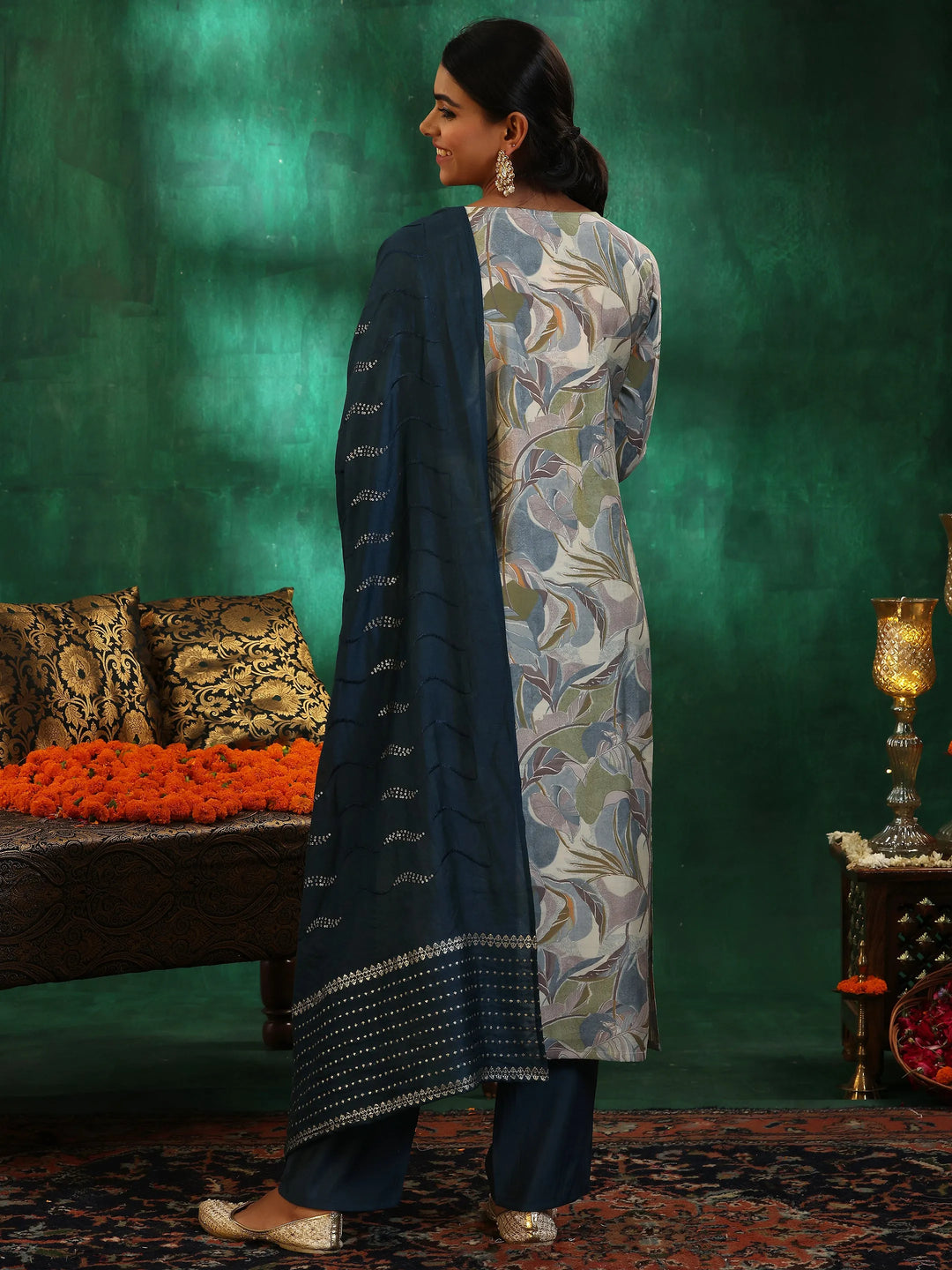  Off White Printed Silk Blend Straight Suit With Dupatta 
