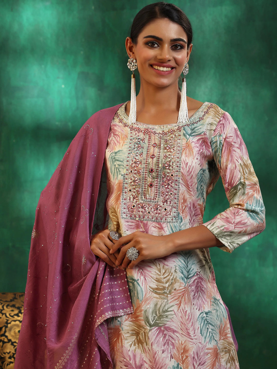  Off White Printed Silk Blend Straight Suit With Dupatta 