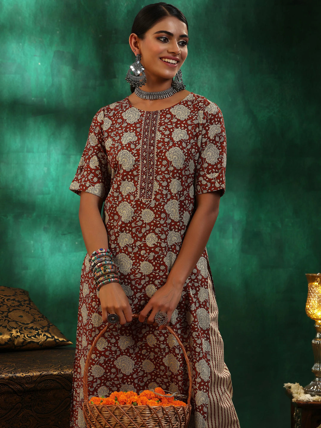  Maroon Printed Cotton Straight Kurta Set 