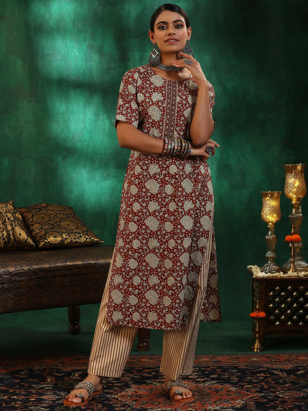  Maroon Printed Cotton Straight Kurta Set 