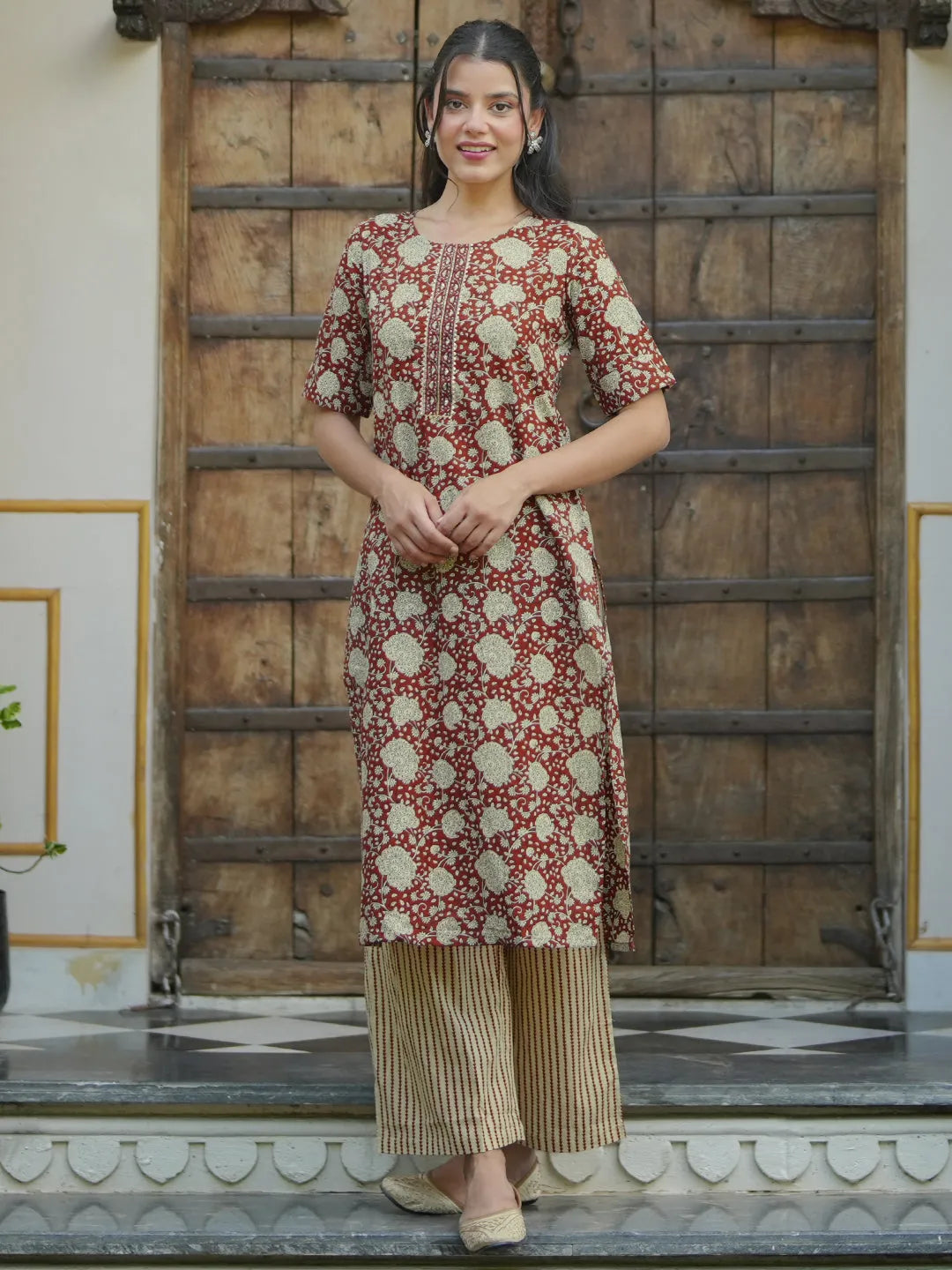  Maroon Printed Cotton Straight Kurta Set 