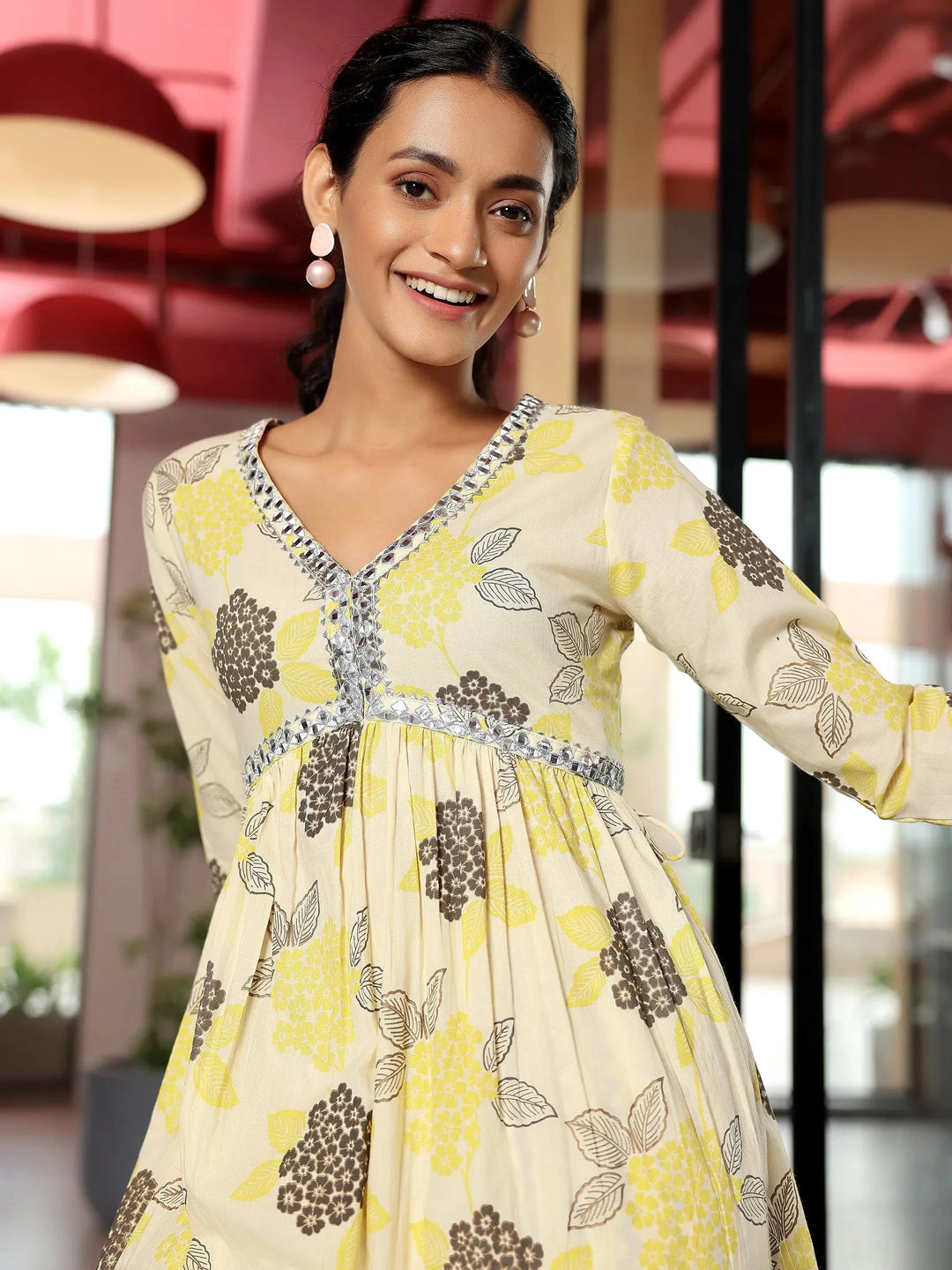  Off White Printed Cotton A-Line Kurta With Trousers 