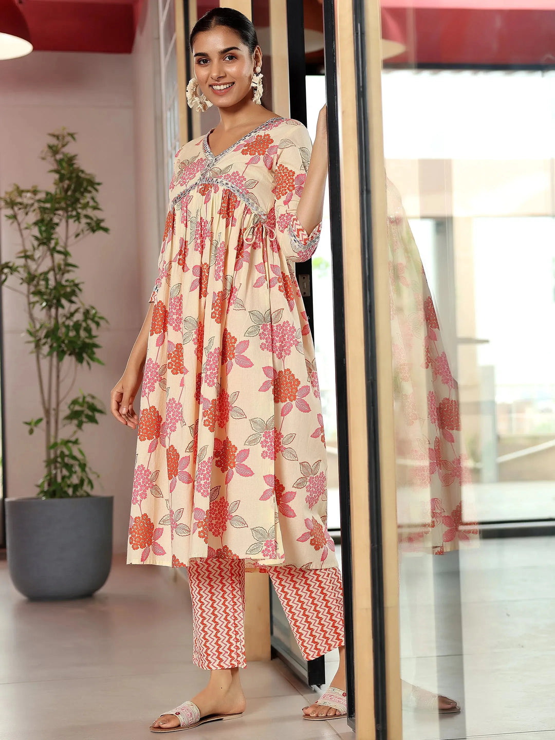  Off White Printed Cotton A-Line Kurta With Trousers 