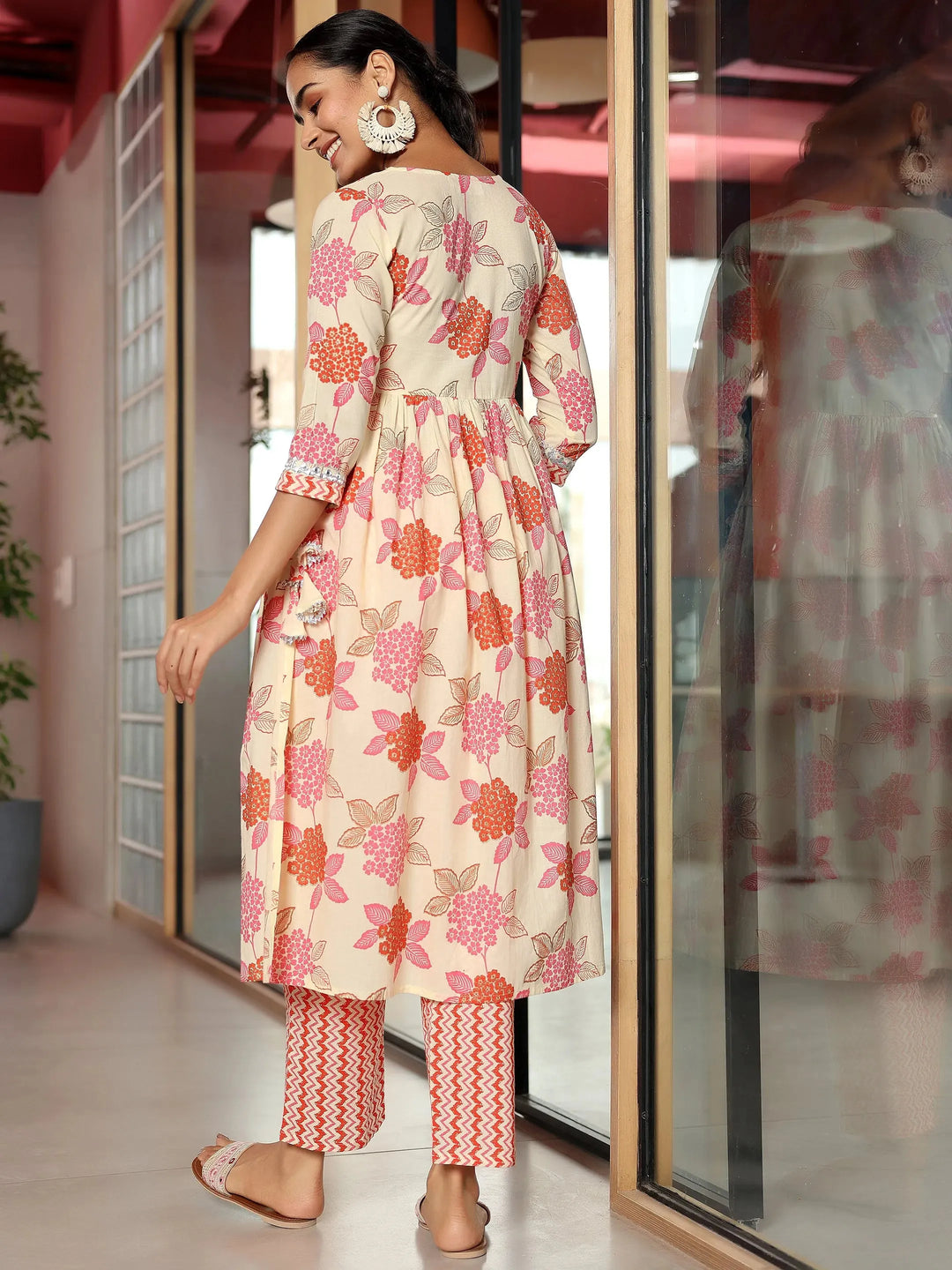  Off White Printed Cotton A-Line Kurta With Trousers 