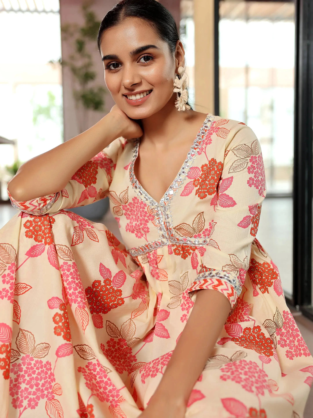  Off White Printed Cotton A-Line Kurta With Trousers 