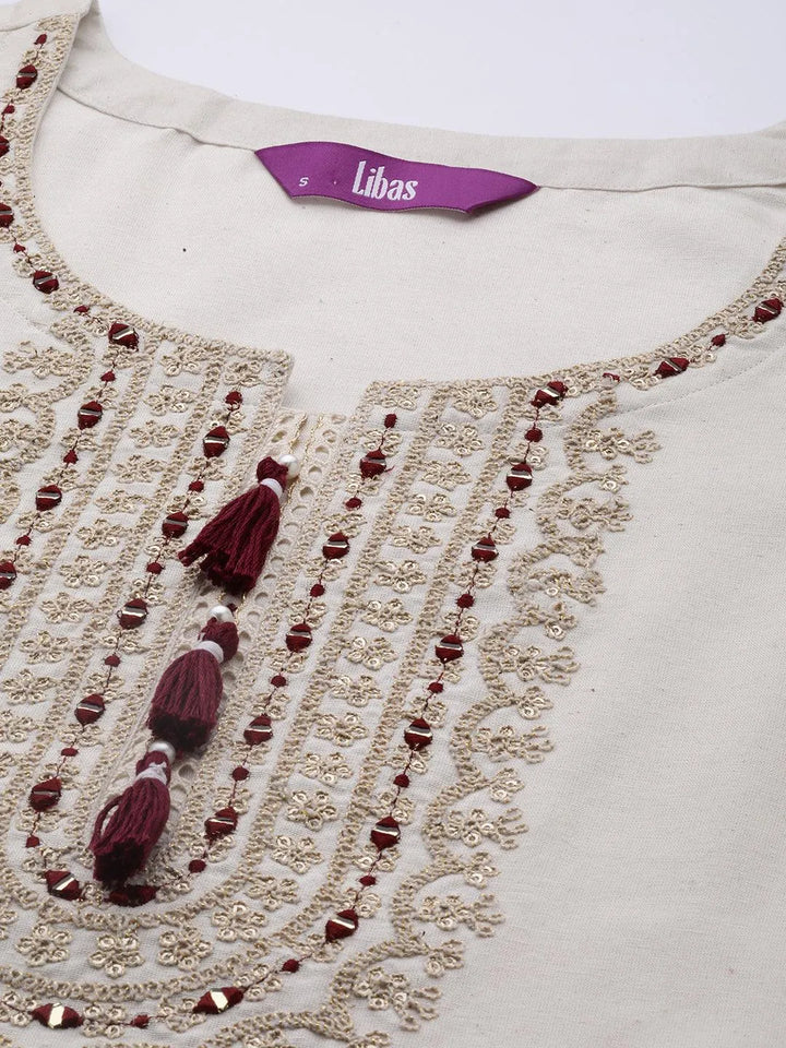 Off White Yoke Design Cotton Straight Kurta - Libas