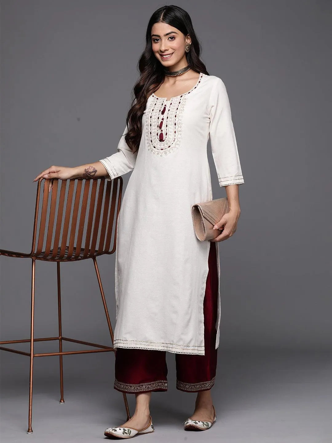 Off White Yoke Design Cotton Straight Kurta - Libas