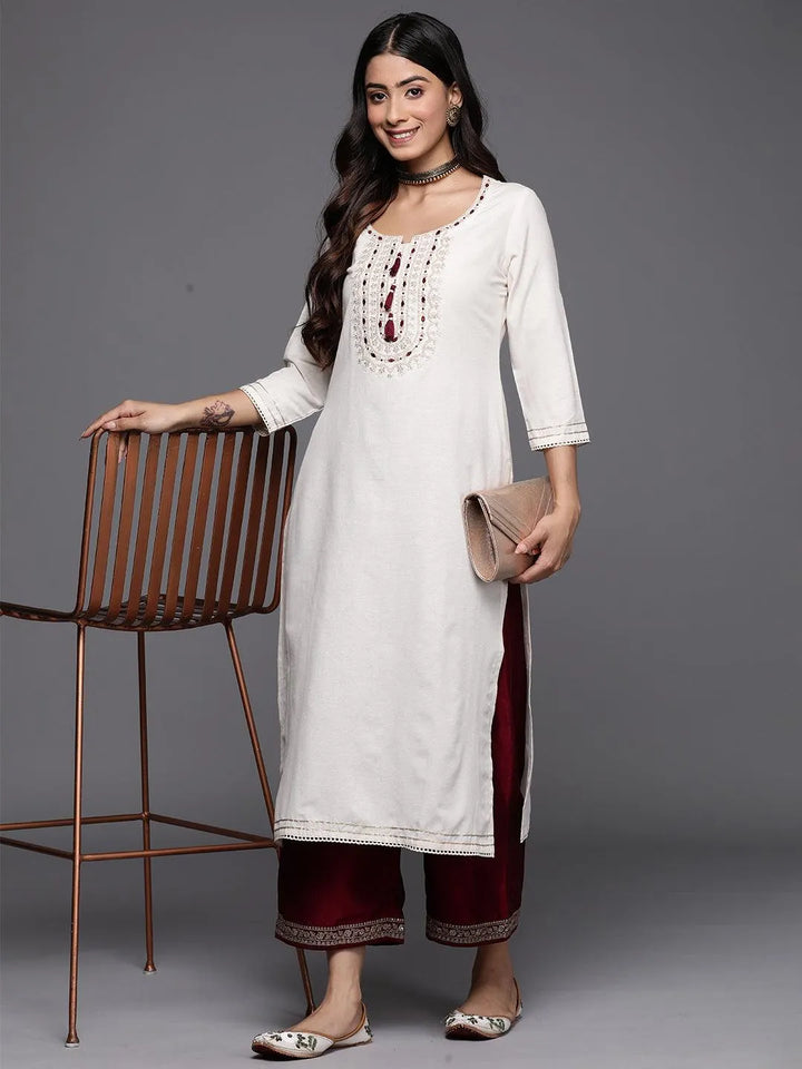 Off White Yoke Design Cotton Straight Kurta - Libas