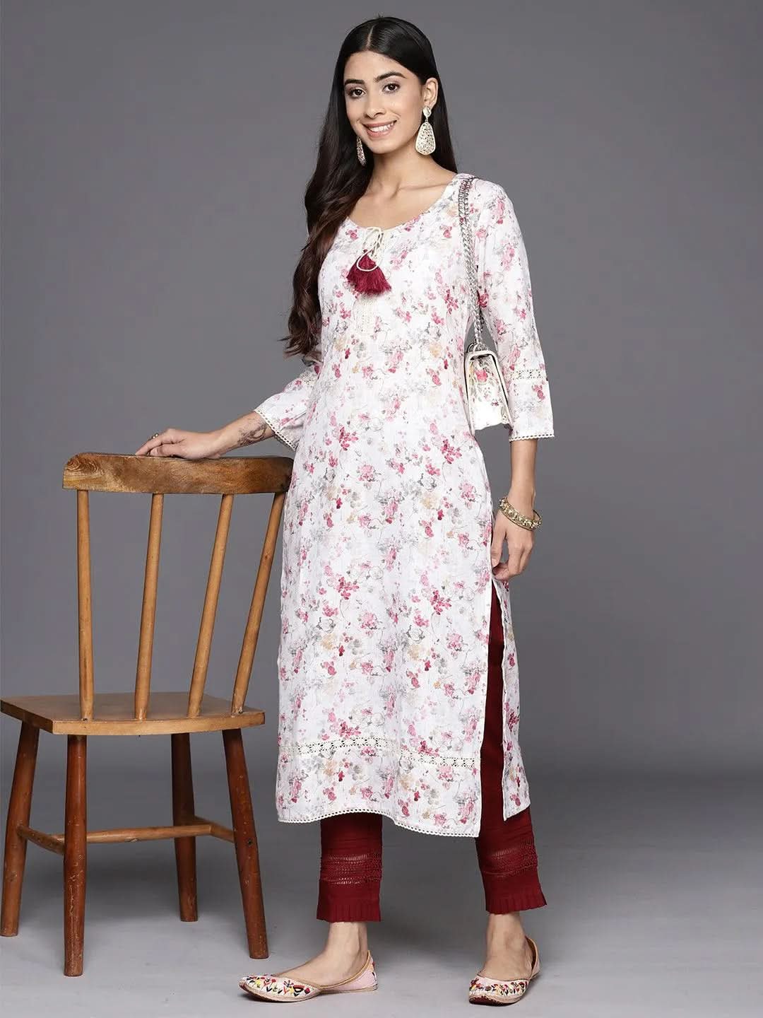 Off White Printed Cotton Straight Kurta - Libas 