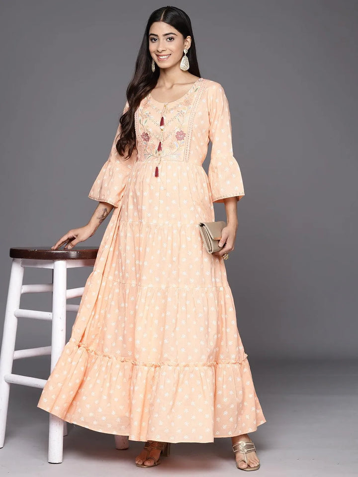 Peach Embroidered Cotton Fit and Flare Dress - Libas