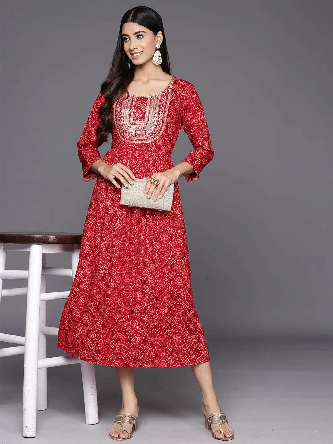  Red Printed Rayon Fit and Flare Dress 