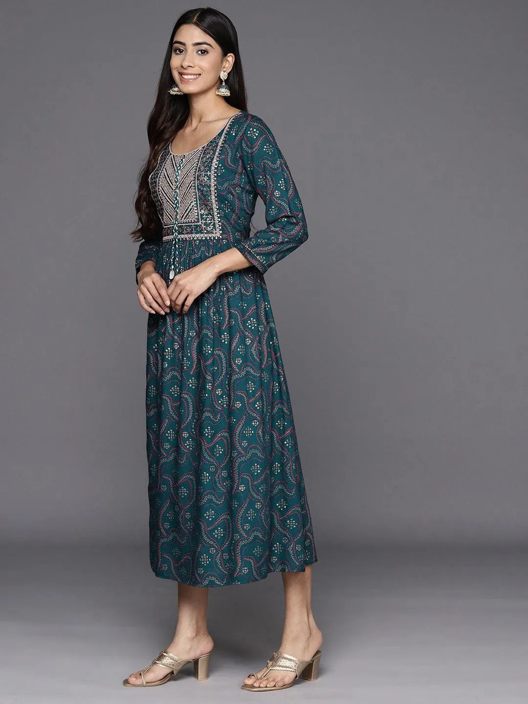 Teal Printed Rayon Fit and Flare Dress - Libas 
