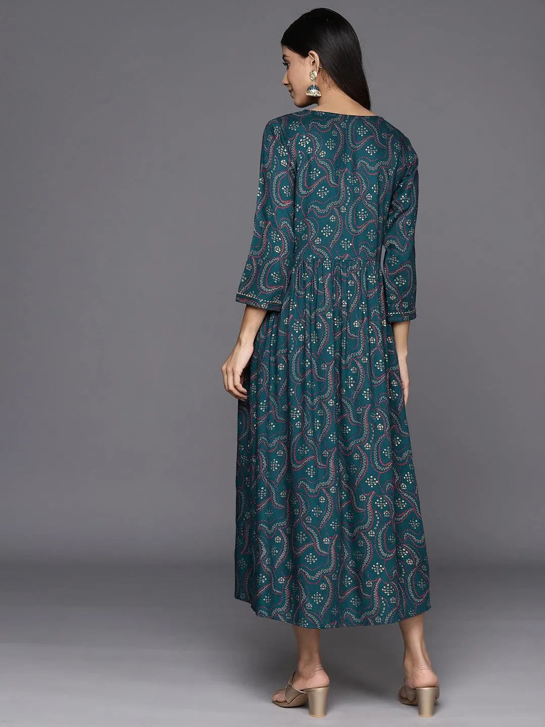 Teal Printed Rayon Fit and Flare Dress - Libas 