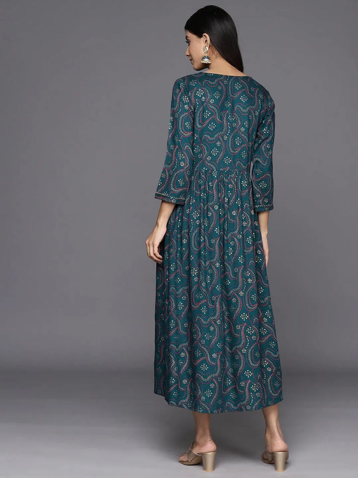 Teal Printed Rayon Fit and Flare Dress - Libas