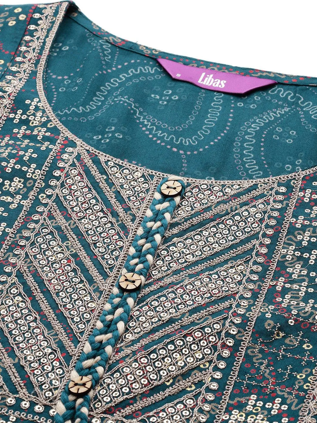 Teal Printed Rayon Fit and Flare Dress - Libas 