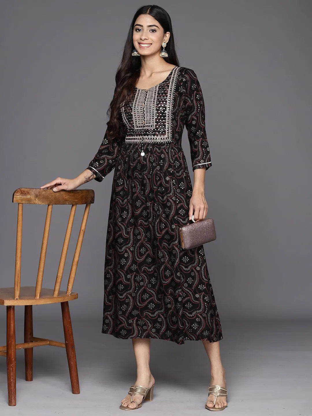  Black Printed Rayon Fit and Flare Dress 