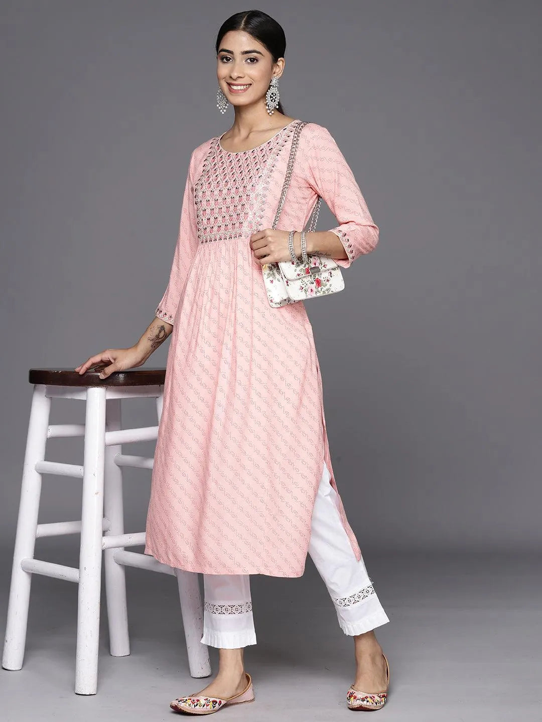 Pink Printed Rayon Straight Kurta - Libas 