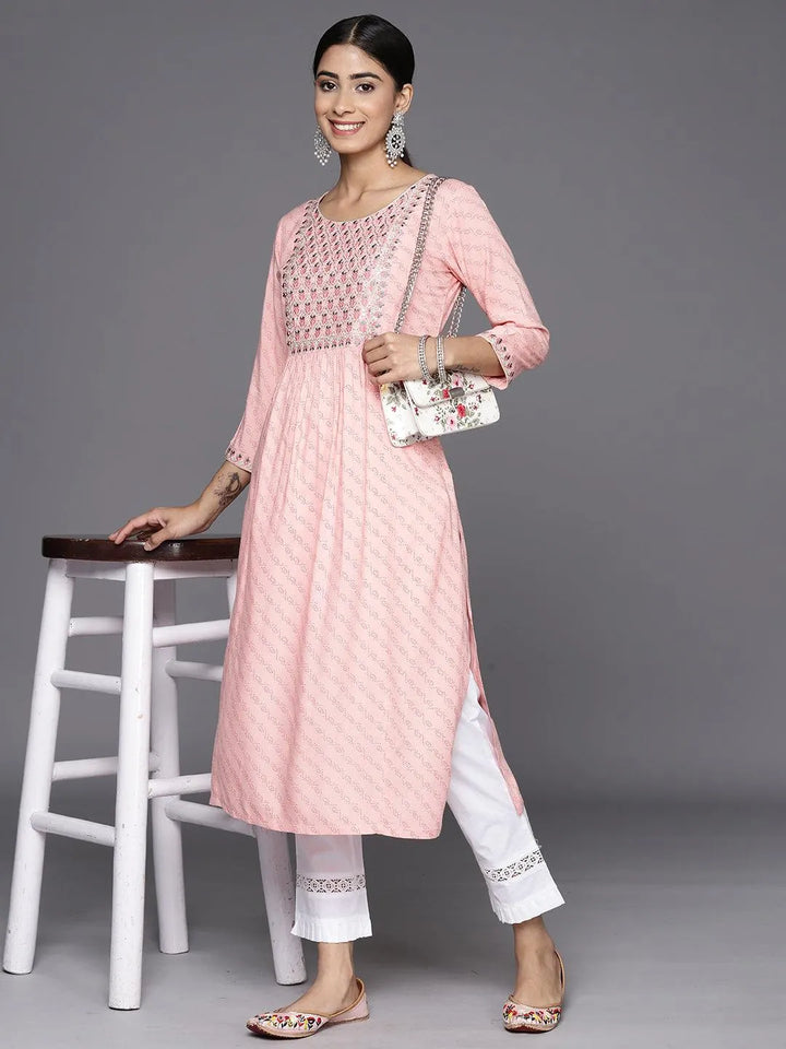 Pink Printed Rayon Straight Kurta - Libas