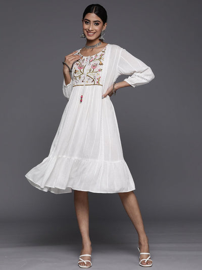 White Embroidered Rayon A-Line Dress - Libas