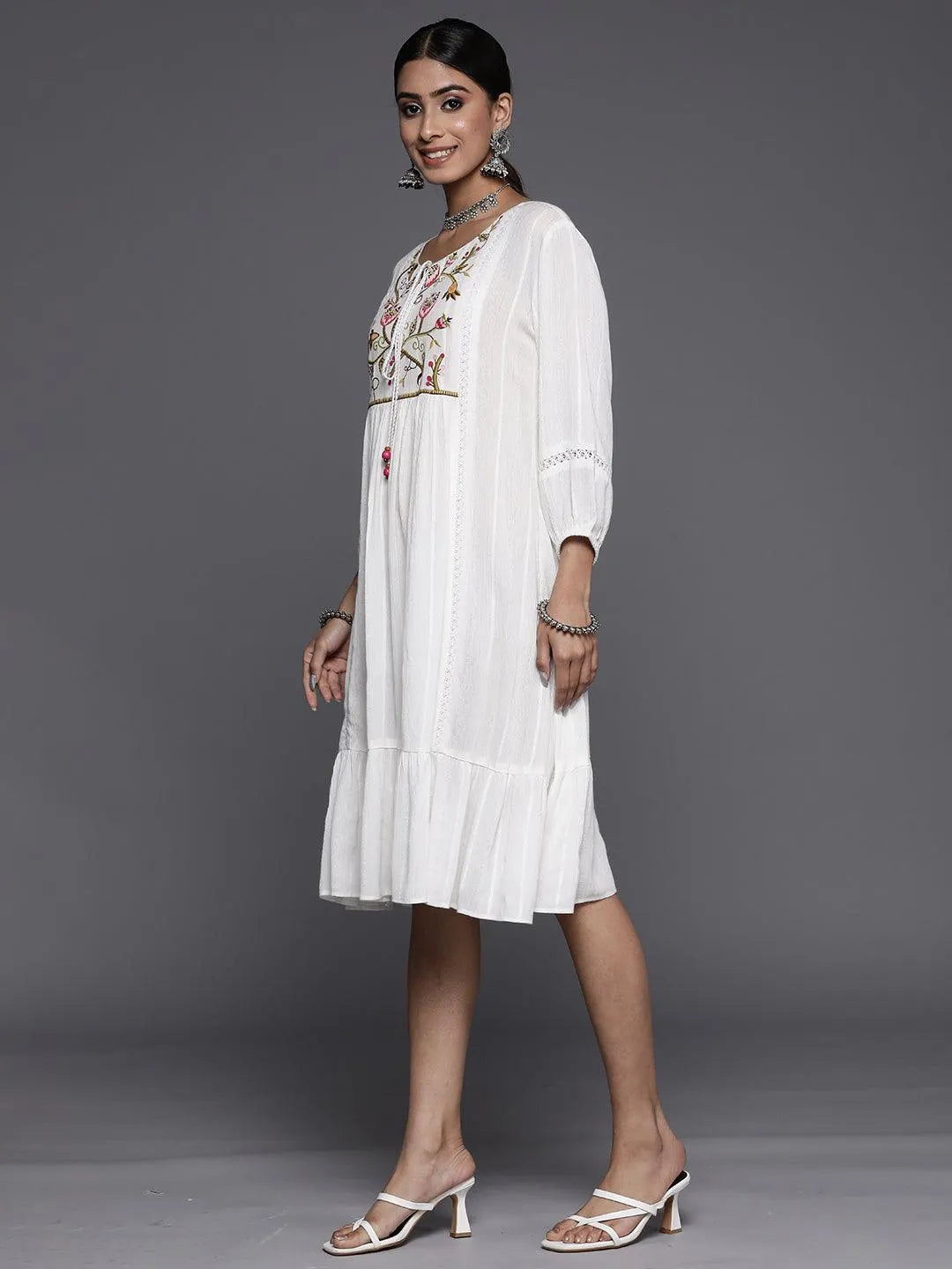 White Embroidered Rayon A-Line Dress - Libas 