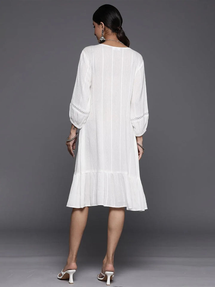 White Embroidered Rayon A-Line Dress - Libas