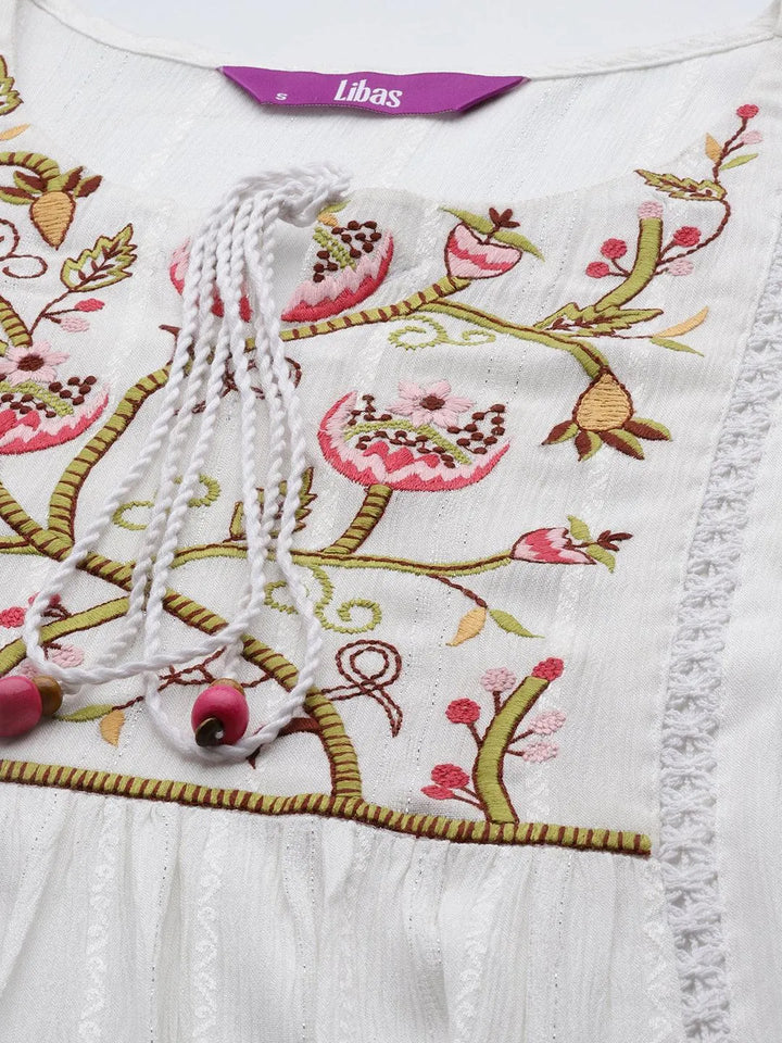 White Embroidered Rayon A-Line Dress - Libas