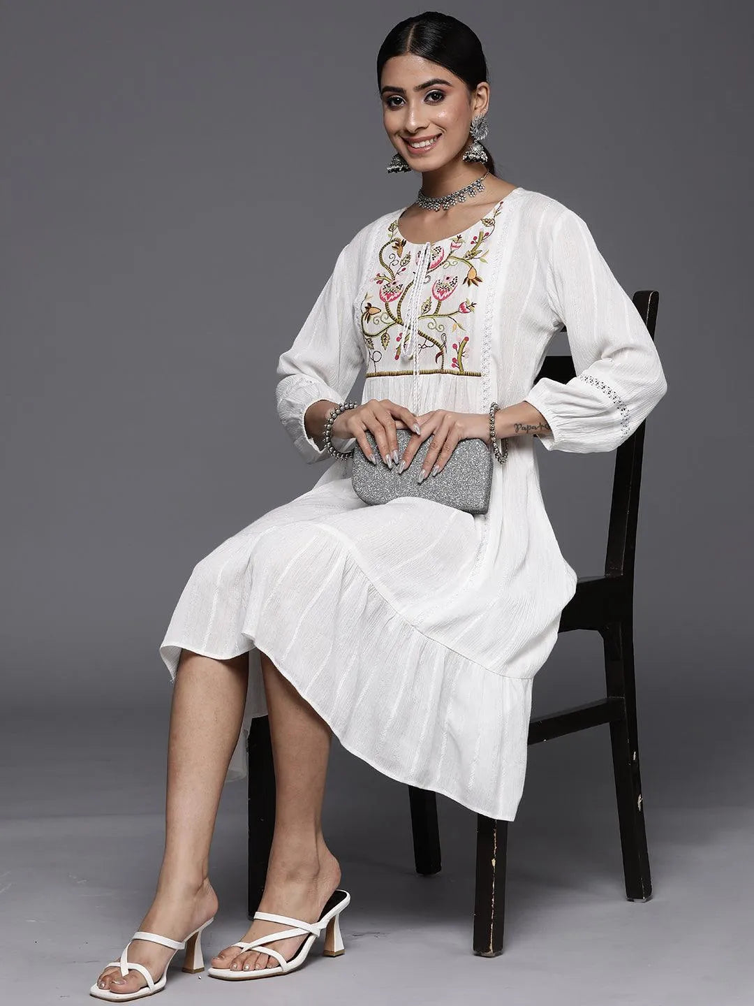  White Embroidered Rayon A-Line Dress 