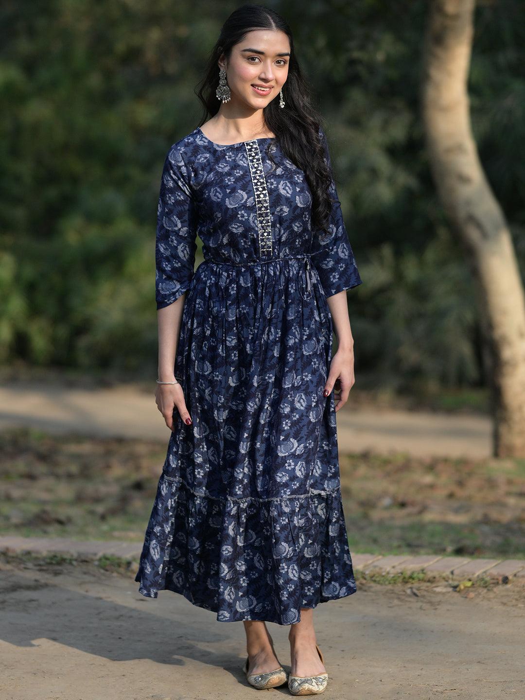Blue Printed Fit and Flared Silk Dress
