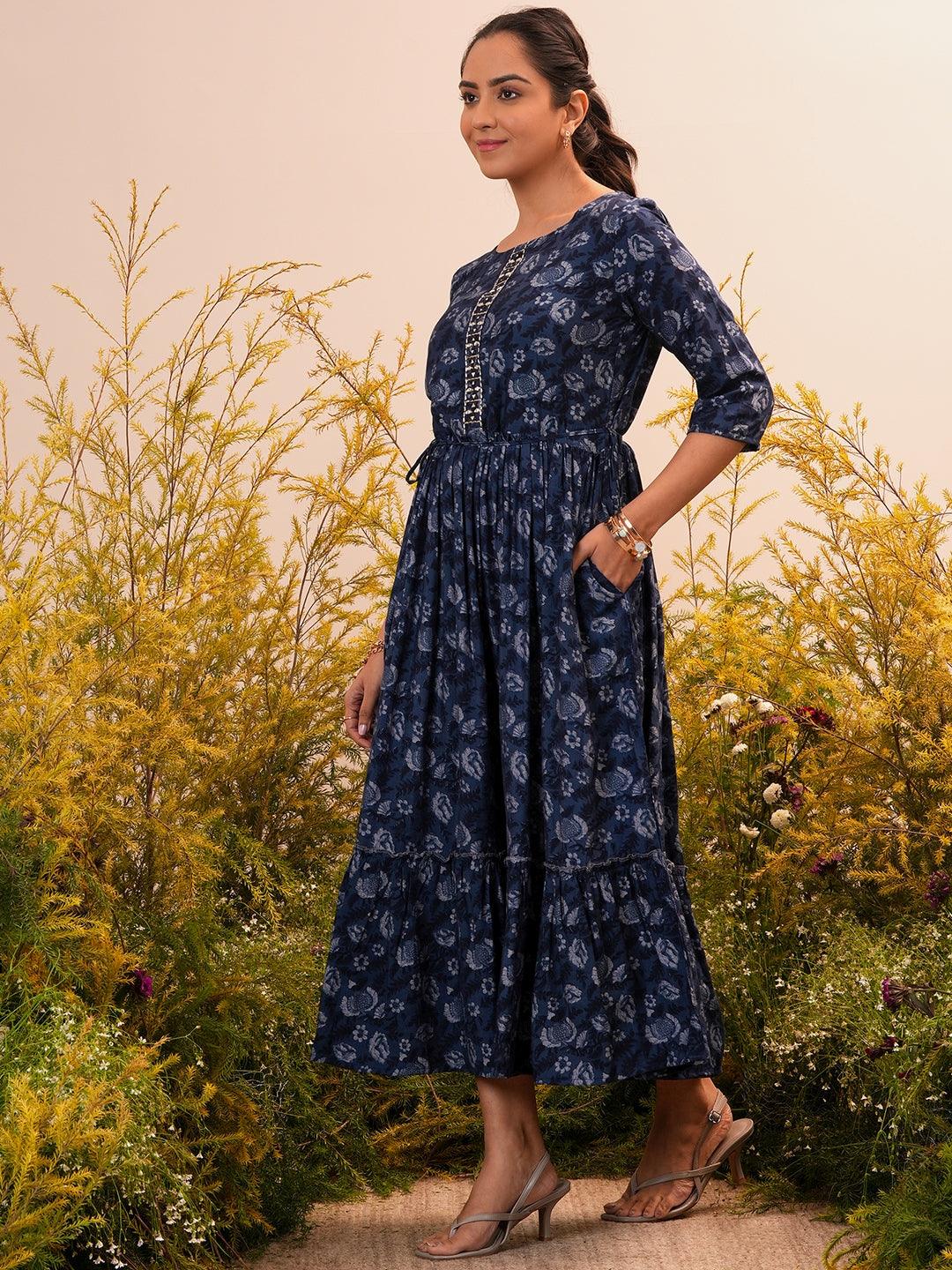 Blue Printed Fit and Flared Silk Dress - Libas