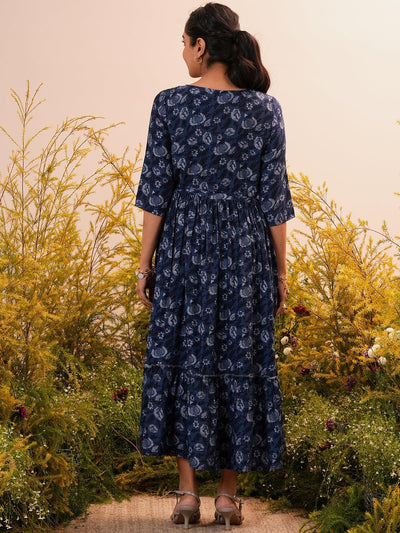 Blue Printed Fit and Flared Silk Dress - Libas
