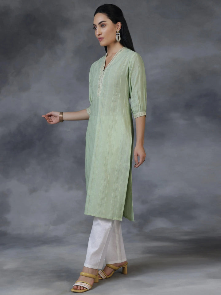 Light green Woven Design Cotton Straight Kurta - Libas