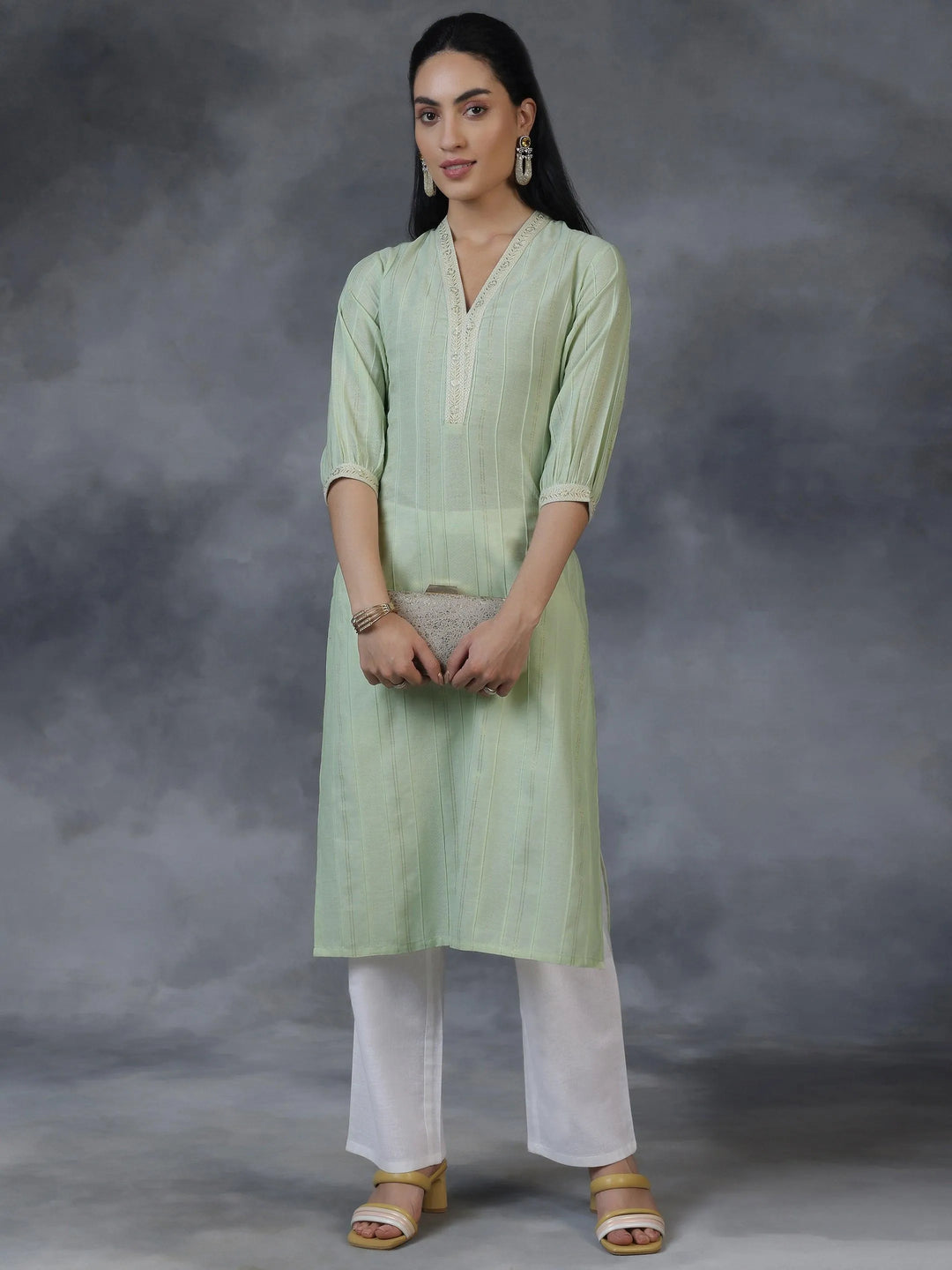 Light green Woven Design Cotton Straight Kurta - Libas