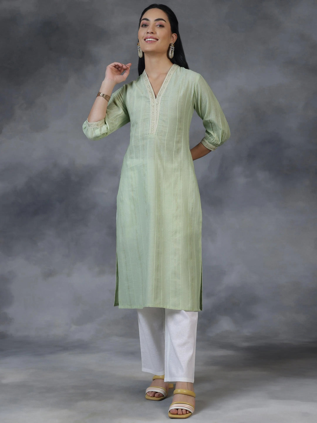 Light green Woven Design Cotton Straight Kurta - Libas