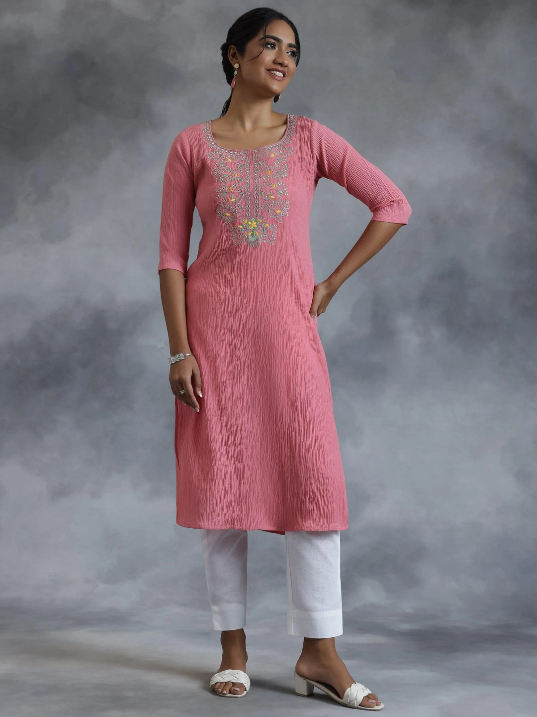 Pink Yoke Design Polyester Straight Kurta - Libas 