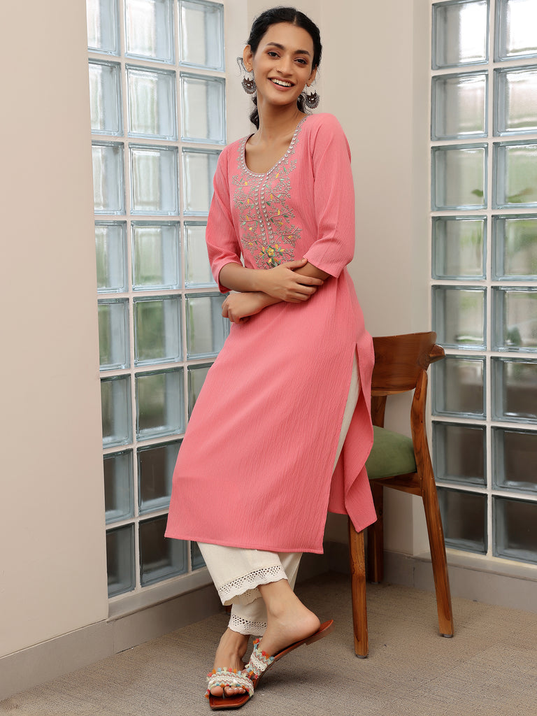 Libas Pink Yoke Design Polyester Straight Kurta