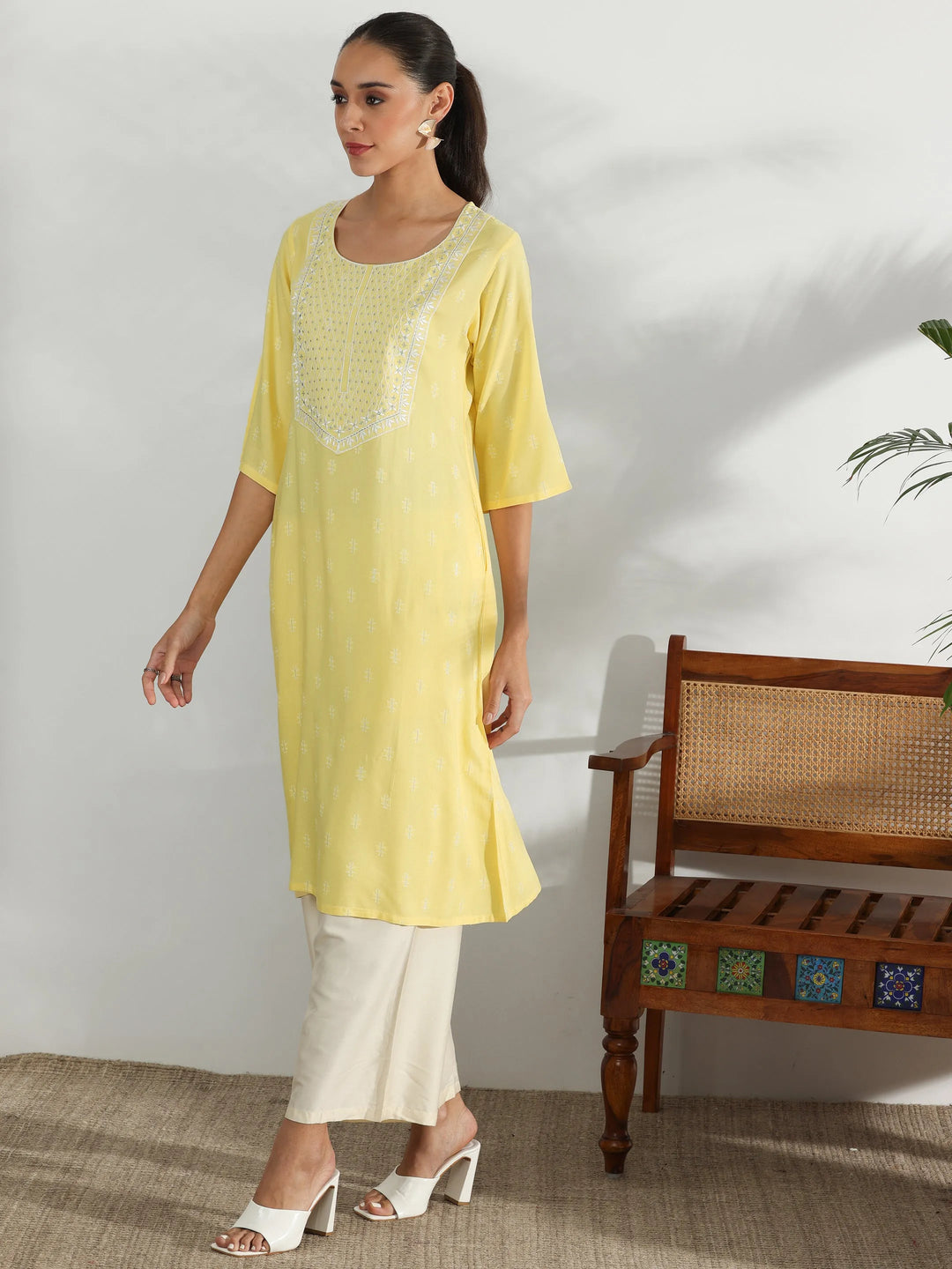  Yellow Woven Design Rayon Straight Kurta 