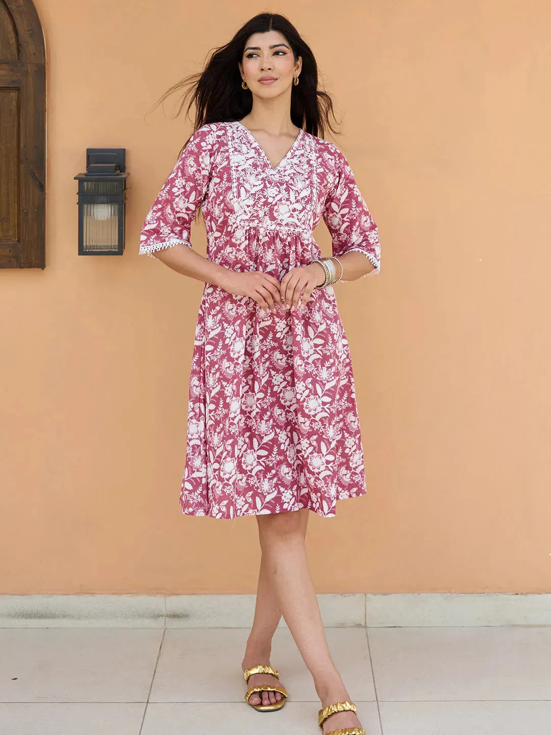  Coral Printed Cotton A-Line Midi Dress 