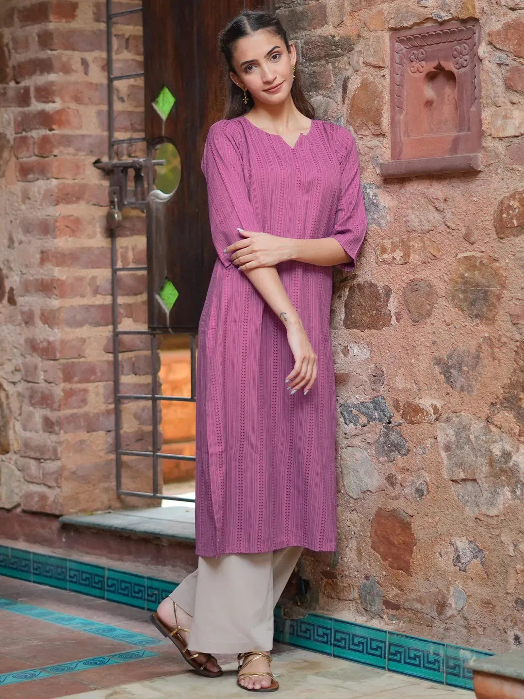  Mauve Striped Rayon Straight Kurta 