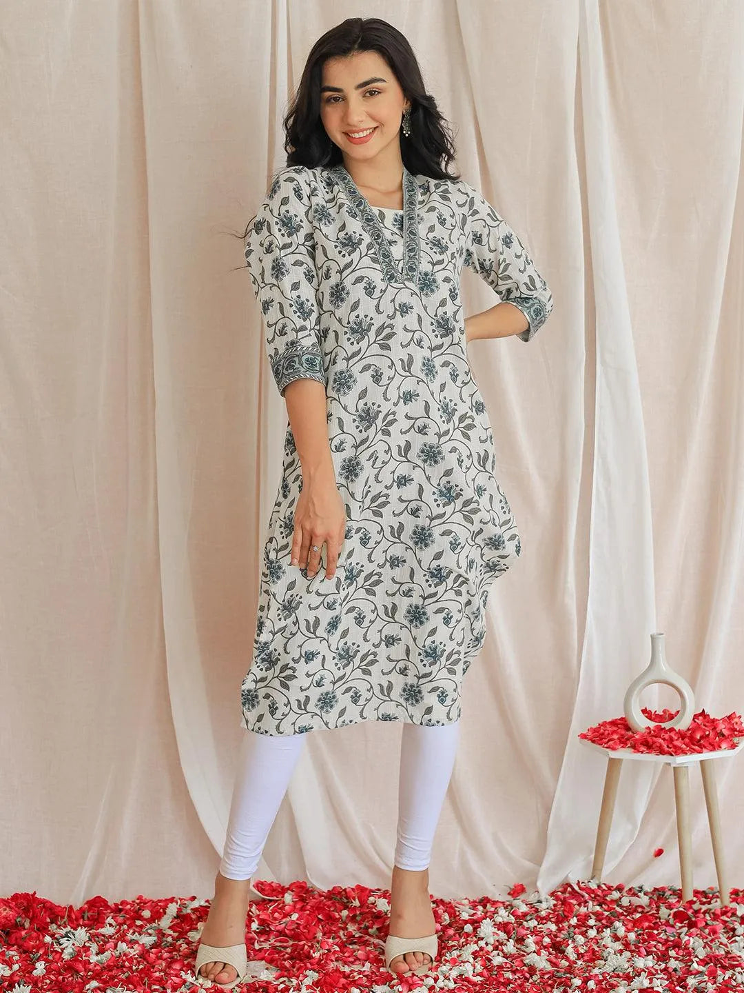 Off White Printed Cotton Straight Kurta - Libas