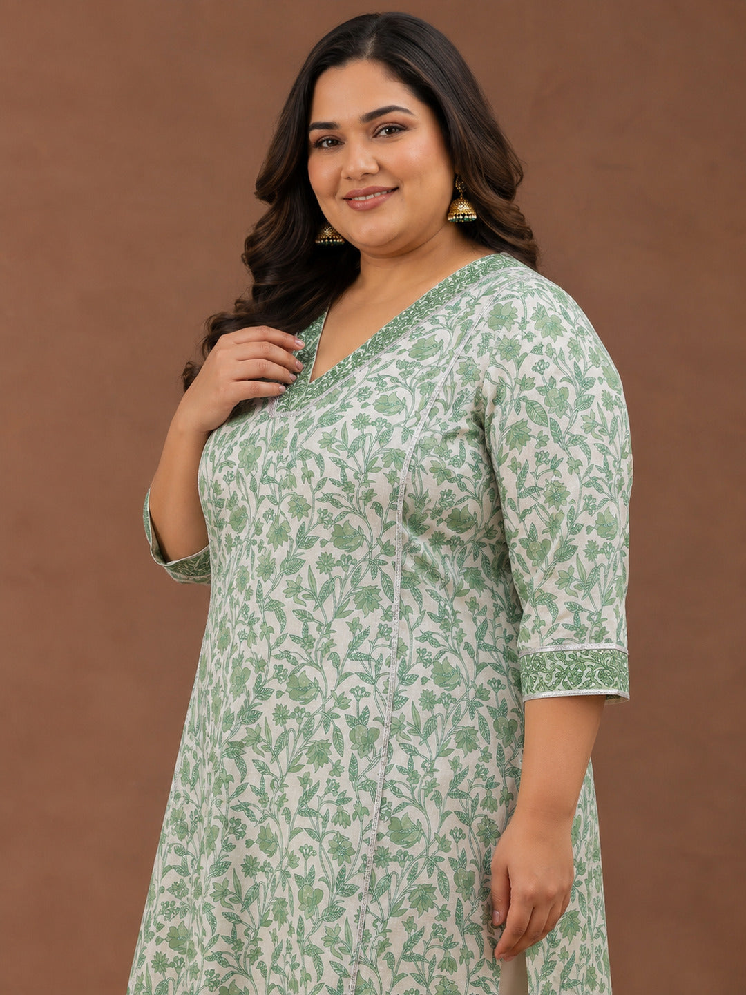  Plus Size Green Printed Cotton Straight Kurta 