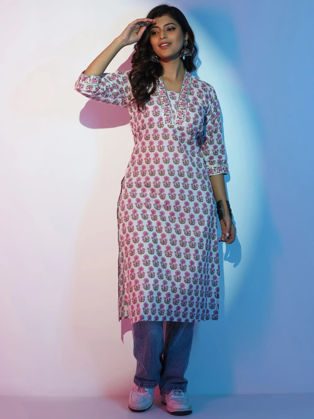 Off White Printed Cotton Straight Kurta 