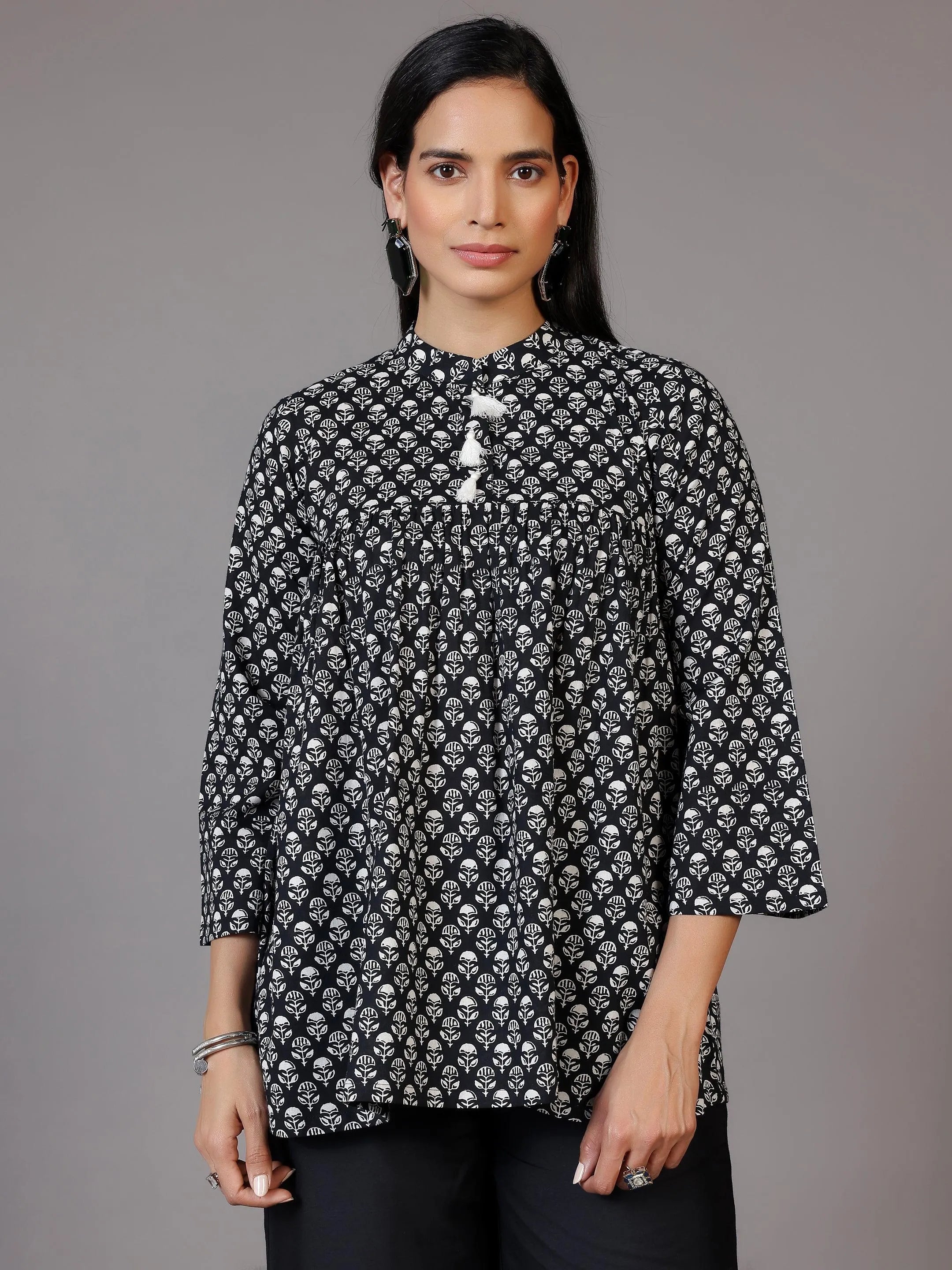 Black Printed Cotton A-Line Kurti-image-23