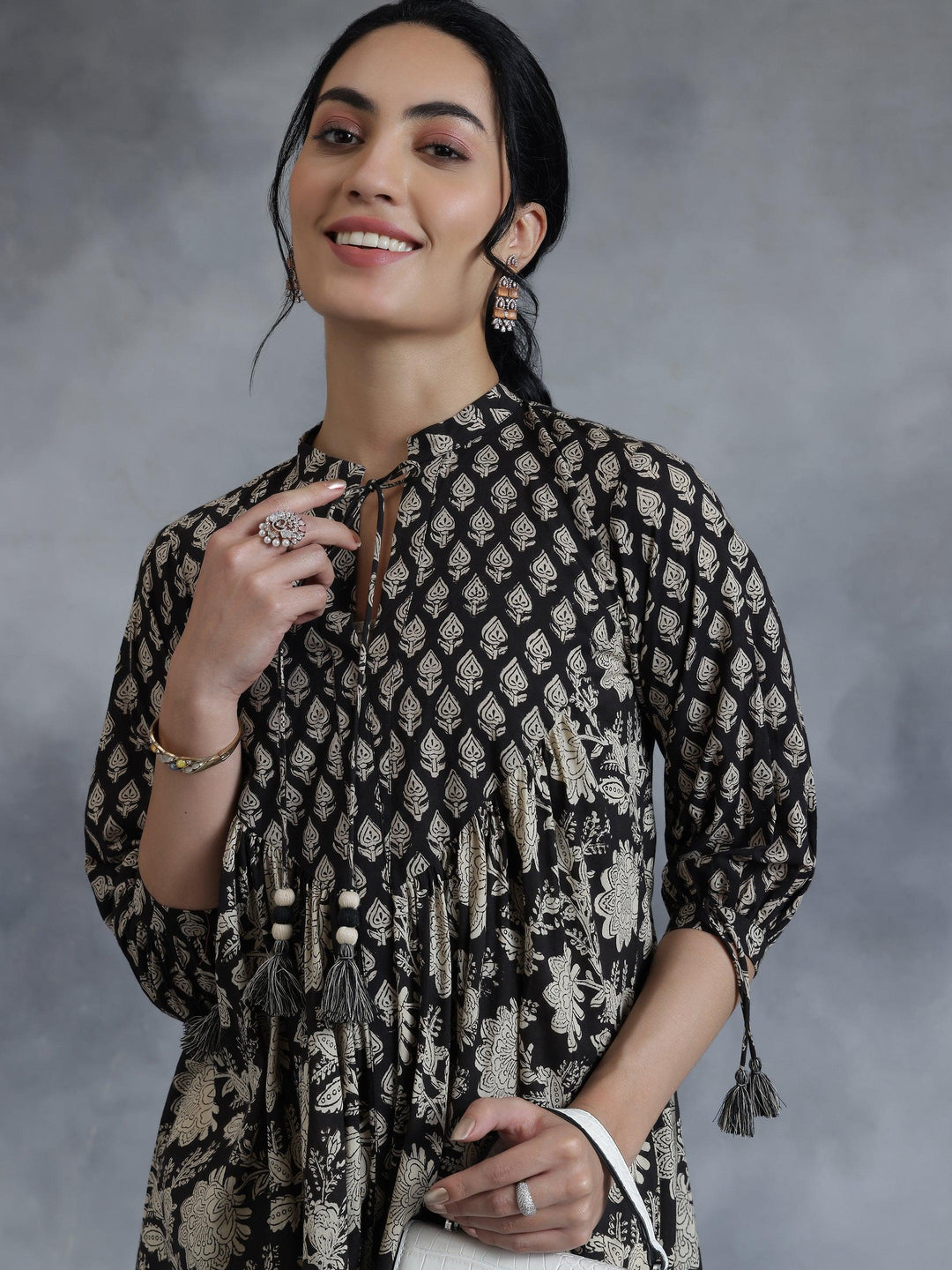  Black Printed Cotton A-Line Kurti 