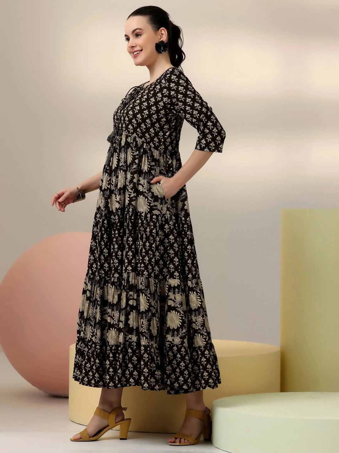  Black Printed Cotton A-Line Dress 