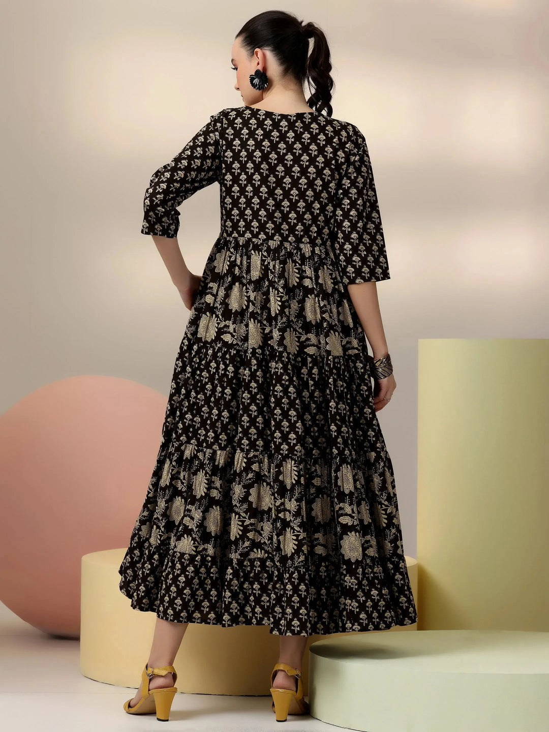  Black Printed Cotton A-Line Dress 