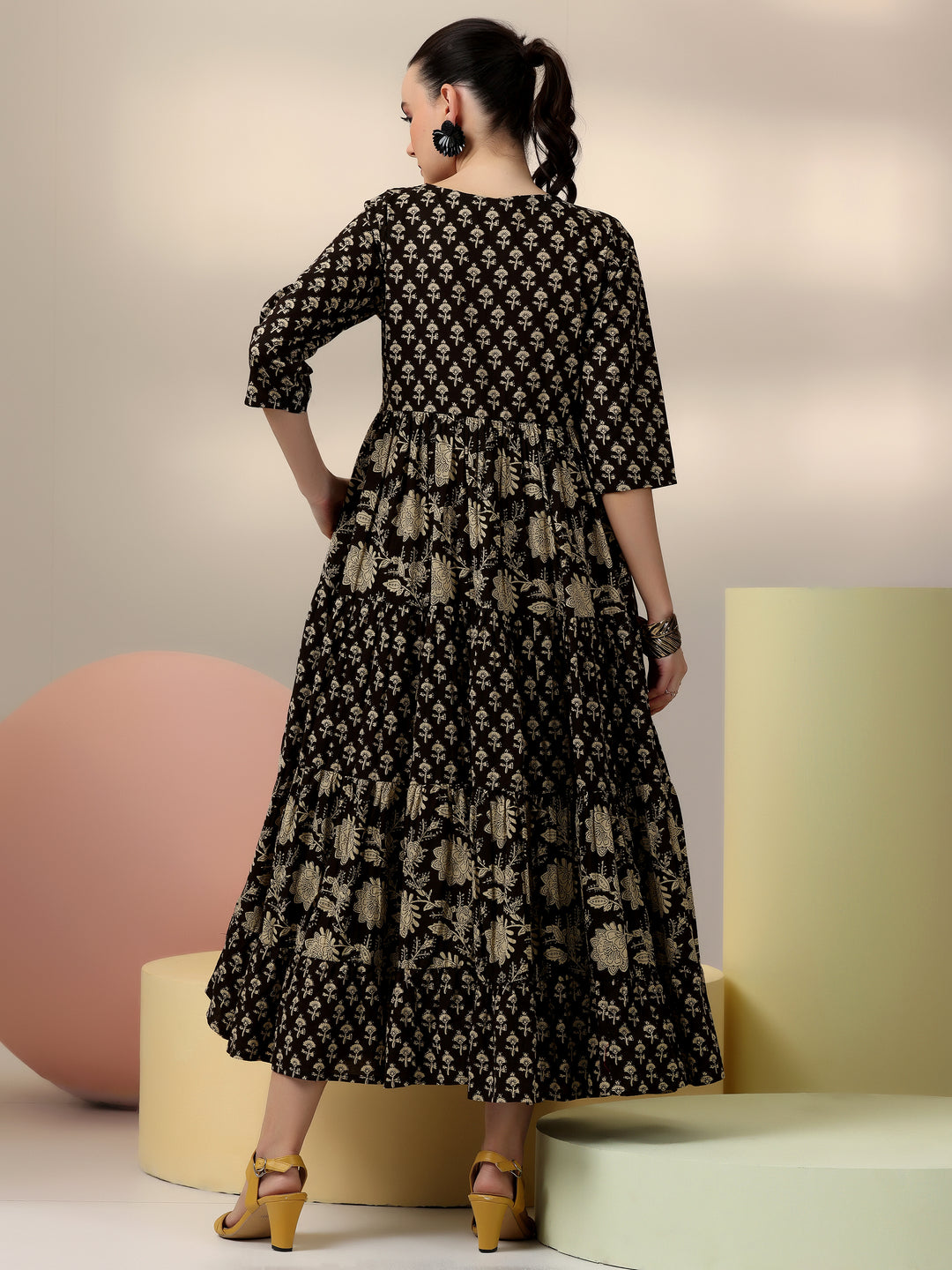  Black Printed Cotton A-Line Dress 