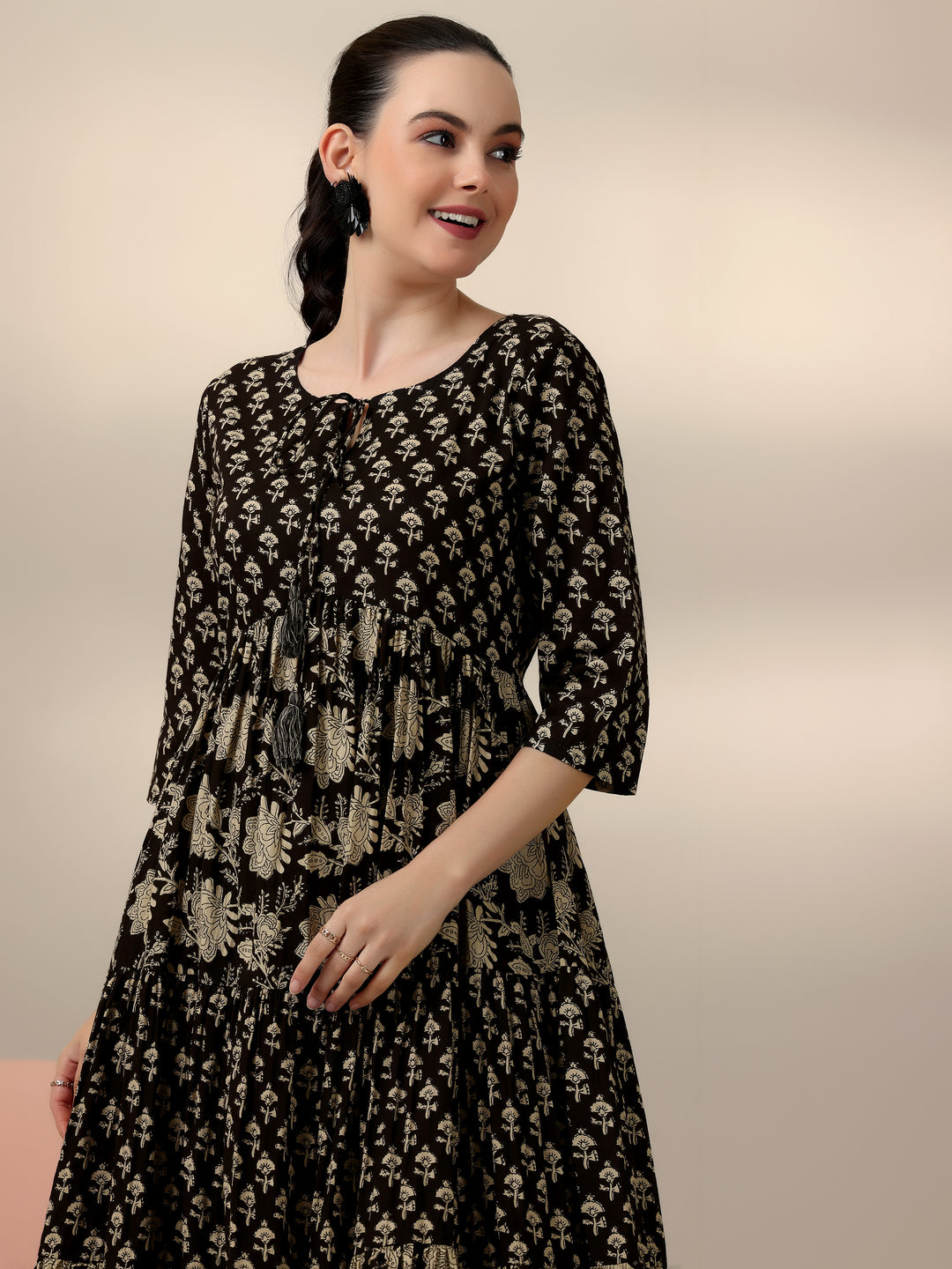  Black Printed Cotton A-Line Dress 