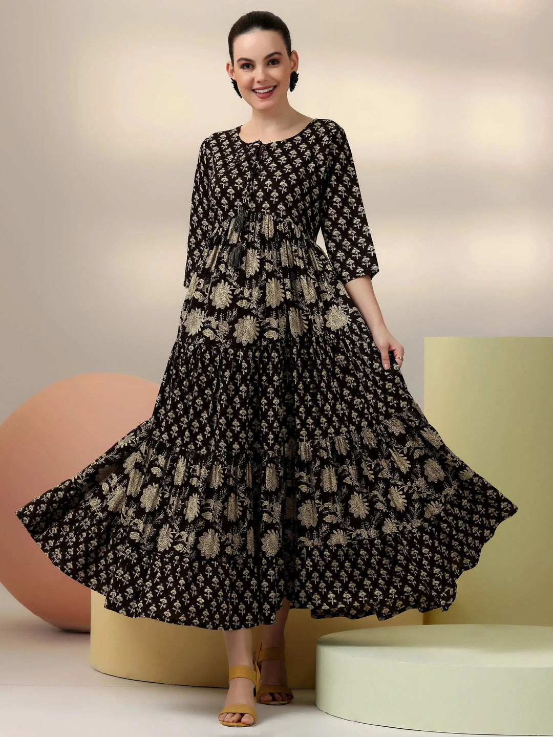  Black Printed Cotton A-Line Dress 